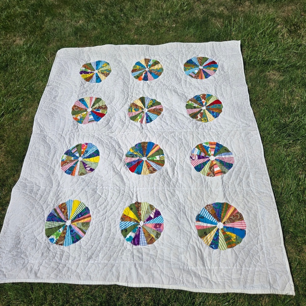 Vintage Dresden Plate Quilt Patchwork 1940-50 Feedsack Fabric Full, Cottagecore - Picture 2 of 7